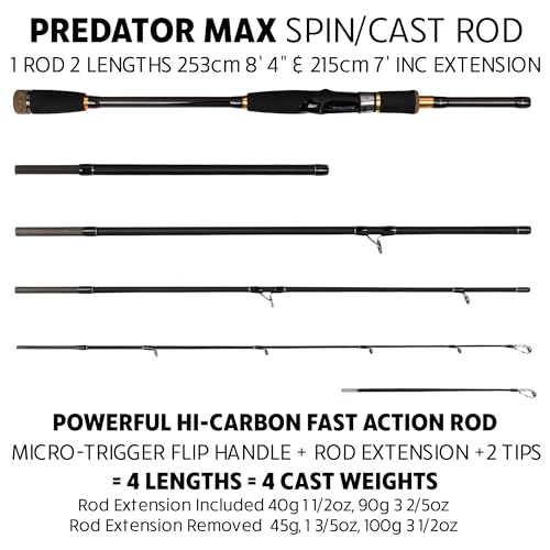 Rigged and Ready Predator Series Spin & Baitcast Travel Fishing Rods. Unique Spin Cast Micro Trigger. Compact Hi-Carbon Rods. 4 Rod Sections, 2 Tips, + case. Mobile Lure Rod Anglers. Fresh & Saltwater