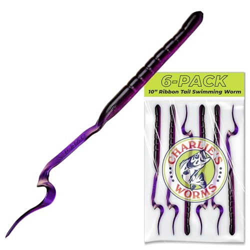 Charlie's Worms 10" Ribbon Tail Soft Plastic Worms for Bass Fishing, Freshwater & Saltwater Lures, Scented Swim Bait, Texas Rigged, Weedless, Large & Smallmouth, White Firetail, 6-Pack - color: Black Green Red Glitter