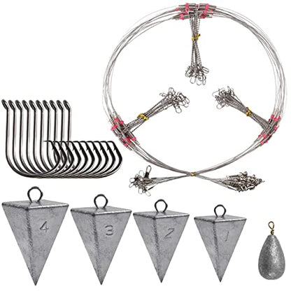 Saltwater Surf Fishing Tackle Kit - Saltwater Surf Fishing Rigs Bottom Rigs Include Fishing Leader Rigs Pyramid Sinkers Bass Casting Sinker Circle Hooks for Striped Bass Red Drum Flounder - color: Steel Gray
