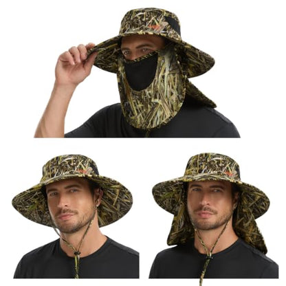 BASSDASH UPF 50+ Breathable Sun Hat with Removable Face Cover and Neck Flap Wide Brim Bucket Hat for Fishing Hiking Men Women - color: Marshreed