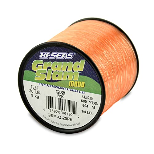 HI-SEAS Grand Slam Monofilament Fishing Line - Strong & Abrasion Resistant in Clear, Pink, Green, Smoke Blue, Fluorescent Yellow Freshwater & Saltwater – Quarter Pound Spool - color: Pink, style: 20 Lb Test, 0.45 Mm Dia, 660 Yd