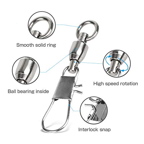 AMYSPORTS Fishing Swivels with Interlock Snap Ball Bearing Swivels Fishing Snap Swivels Saltwater Freshwater Fishing Tackle Leader Lure Jigs Line Fishing Connector - size: size3 (37lb) 50 pcs