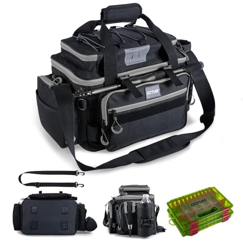 Goture Fishing Tackle Bag with 2pcs 3600 Tackle Boxes, 600D Water-Resistant Soft Side Saltwater Gear Storage Fishing Bag with Rod Straps, Detachable Water Bottle Pouch, Waterproof Bottom, SBS Zippers - color: C1:Black Gray with 2 3600 Tackle Boxes, size: