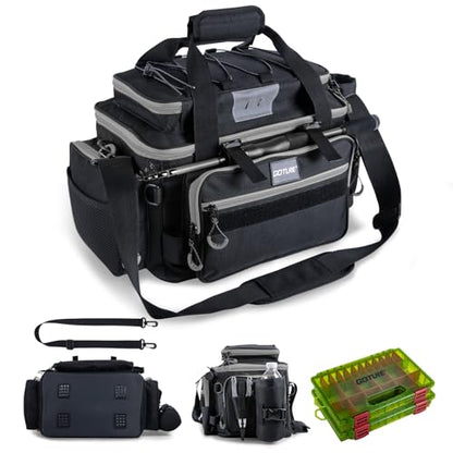Goture Fishing Tackle Bag with 2pcs 3600 Tackle Boxes, 600D Water-Resistant Soft Side Saltwater Gear Storage Fishing Bag with Rod Straps, Detachable Water Bottle Pouch, Waterproof Bottom, SBS Zippers - color: C1:Black Gray with 2 3600 Tackle Boxes, size: