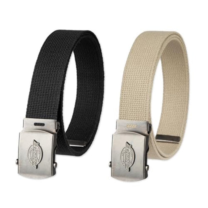 Dickies mens Fabric Web Plaque Logo Buckle Belt - Fits Up to Size 42" Waist - color: Black and Tan, size: One Size - Cut to Fit