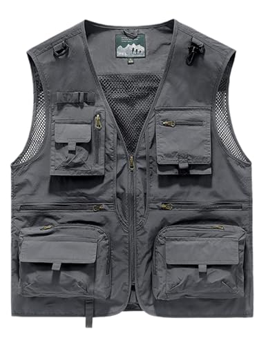 Gihuo Mens Fishing Vest Lightweight Utility Vests Cargo Outdoor Safari Travel Vest with Pockets - color: Grey, size: Medium