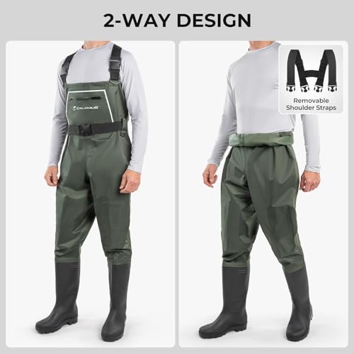 Calamus WaveWalker Fishing Waders for Men & Women, 100% Waterproof PVC Waders with Slip-Resistant Boots, Tear-Resistant Nylon - color: Military Green, size: M8/W10