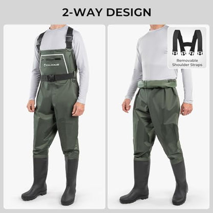 Calamus WaveWalker Fishing Waders for Men & Women, 100% Waterproof PVC Waders with Slip-Resistant Boots, Tear-Resistant Nylon - color: Military Green, size: 11