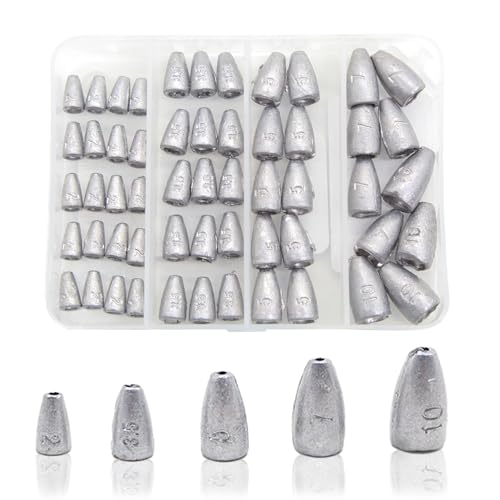 Fishing Weight Sinkers, 50pcs/55pcs Lead Worm Weights Fishing Sinkers for Bass Fishing Texas Rigs(2g/3.5g/5g/7g) - color: 2g/3.5g/5g/7g/10g-55pcs(Box)