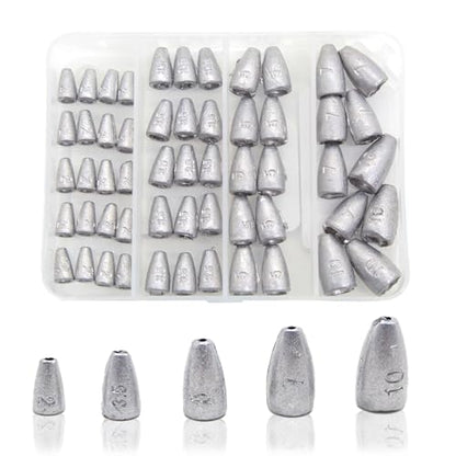Fishing Weight Sinkers, 50pcs/55pcs Lead Worm Weights Fishing Sinkers for Bass Fishing Texas Rigs(2g/3.5g/5g/7g) - color: 2g/3.5g/5g/7g/10g-55pcs(Box)