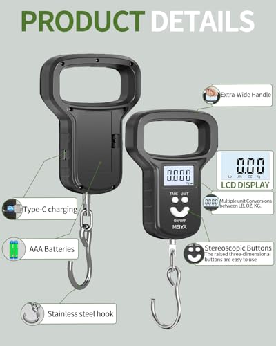MEIYA Fish Scale/Fishing Scale: Dual Power (Battery/Rechargeable), Extra Wide Handle, Backlit LCD Display, Includes 2 AAA Batteries&USB-C Charging Cable, Fishing Gifts for Men (Black)