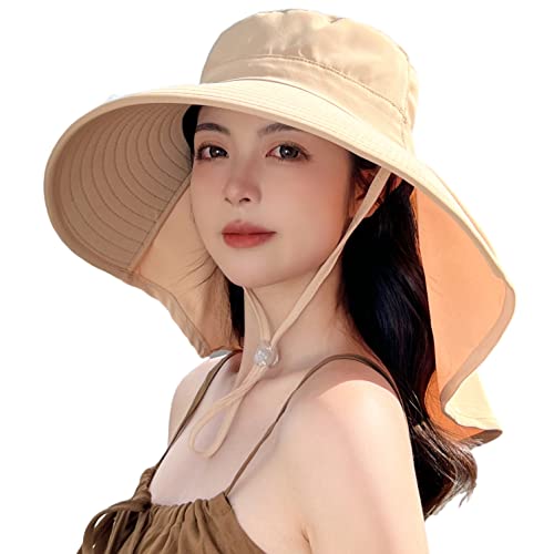 HUAMULAN Men Summer Sun Hat Women Safari Wide Brim Fishing Hats UV Protection Neck Flap Bucket Gardening Hiking Hunting Cap - color: Bg8112-kakhi