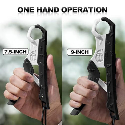 SNAIL TRAIL 7.5'' Floating Fish Gripper, Fishing Grabber | Catfish Mouth Pliers, Caught Bass Holder, Fish Scale Hook Clamp, Saltwater Lip Grip Tool with Lanyard, Gifts for Men - color: Black-white