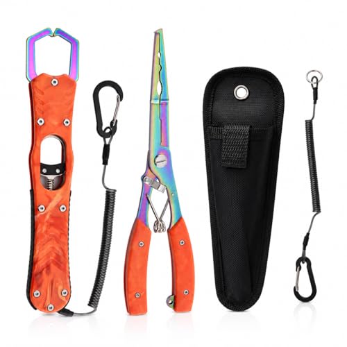 YINEE Fishing Pliers and Fish Lip Gripper Set, Stainless Steel Fishing Gear, Saltwater Hook Remover Split Ring Tool - color: Orange-Fishing Pliers&Fish Lip Grippe