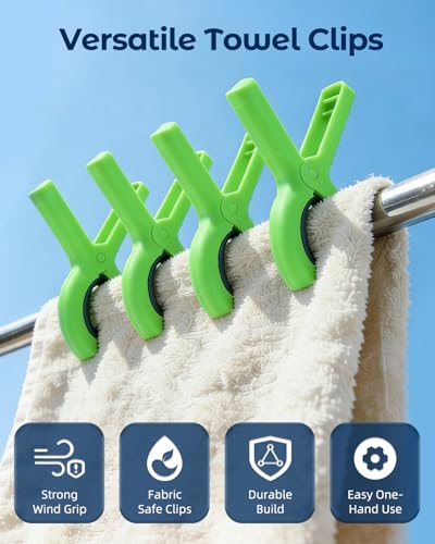 10 Pack Beach Towel Clips Heavy Duty Large Beach Essentials Chair Pool Clip | Green Clips with Strong Grip, Silicone Protection, Rust Resistant Spring, Multi-Use for Beach, Boat, Cruise & Outdoors - color: Green