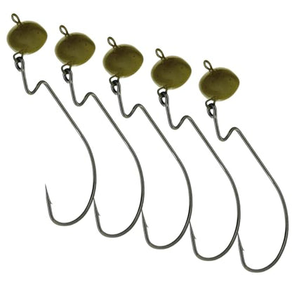 Reaction Tackle Football Swing Jig, Free-Swinging Hook with Football Head for Bass Fishing, Deep Water and Rocky Terrain (5-Pack) - color: Green Pumpkin, size: 1/4 Oz