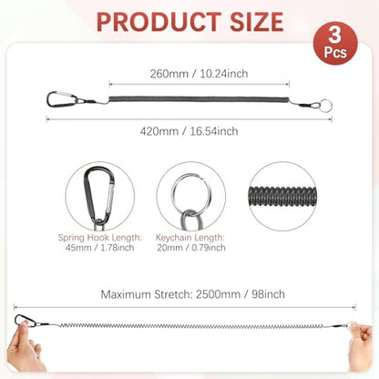16.54IN Retractable Safety Coiled Lanyard [3PCS] - Steel Wire Fishing Rod Safety Lanyard Use for Pliers Boating - color: Black