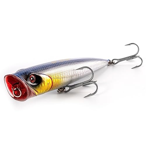 Dr.Fish Popper Saltwater Fishing Lures, 4/5.5 Inches GT Popper VMC Treble Hooks Surf Fishing Lures for Bass Striper Pike Salmon Offshore - color: Chrome Blue-1 Pack, size: 4"
