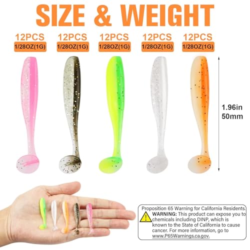 Dovesun Crappie Lures Kit Soft Plastic Baits Paddle Tail Swimbaits Fishing Soft Plastic Lures Crappie Walleye Trout Bass Fishing Baits 60pcs/75pcs - color: Paddle Tail-1.97in-60pcs