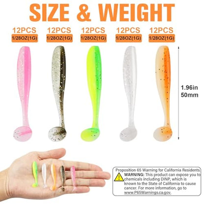 Dovesun Crappie Lures Kit Soft Plastic Baits Paddle Tail Swimbaits Fishing Soft Plastic Lures Crappie Walleye Trout Bass Fishing Baits 60pcs/75pcs - color: Paddle Tail-1.97in-60pcs