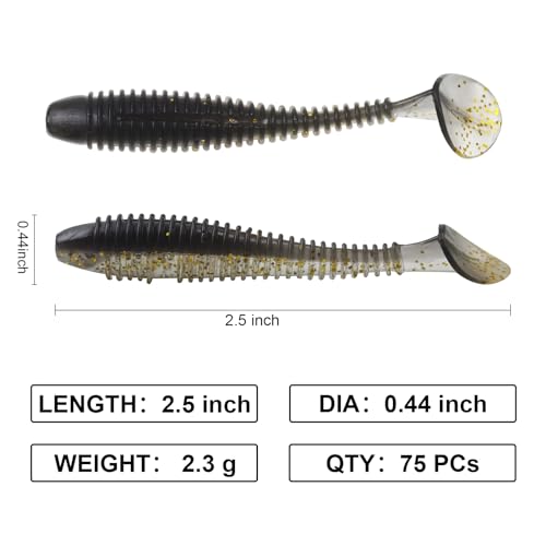 Paddle Tail Swimbaits, 2.5 inch/3inch Soft Lures Fishing Trout Crappie Bass for Freshwater and Saltwater 75PCS/60PCS - color: Black Crystal Translucent, size: 3 inch, 60 PCs