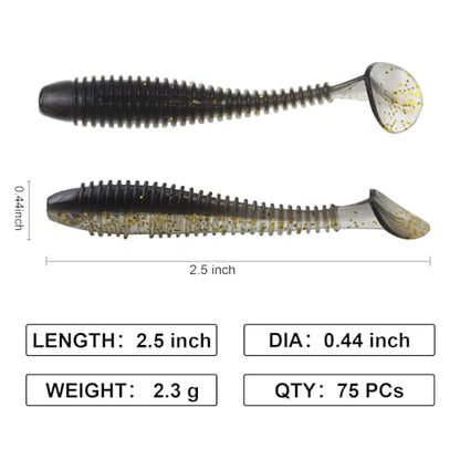 Paddle Tail Swimbaits, 2.5 inch/3inch Soft Lures Fishing Trout Crappie Bass for Freshwater and Saltwater 75PCS/60PCS - color: Black Crystal Translucent, size: 3 inch, 60 PCs