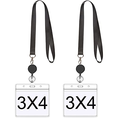 2Pcs Black Lanyards with Horizontal ID Badge Holder 4x3,Retractable Reel | Flat Neck Lanyard with Metal Hook,for Office Supplies - color: Black Lanyard With Badge Holder 3x4 Horizontal