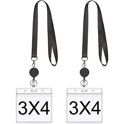 2Pcs Black Lanyards with Horizontal ID Badge Holder 4x3,Retractable Reel | Flat Neck Lanyard with Metal Hook,for Office Supplies - color: Black Lanyard With Badge Holder 3x4 Horizontal