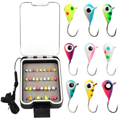 Tungsten Ice Fishing Jigs Lures with Ultra Sharp Hooks for Panfish, Perch, Trout in Winter - Ideal Fishing Gift Set, 30PCS Assorted Jigs in Storage Box