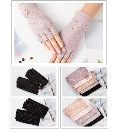 Gongxue 4 Pairs Women Sunscreen Fingerless Gloves UV Protection Driving Riding Fishing Cotton Mittens - color: Black