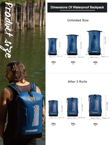 IDRYBAG Waterproof Backpack for Men 20L/30L/40L, Floating Dry Bag Kayak, Dry Backpack Hiking - color: Blue, size: 40L