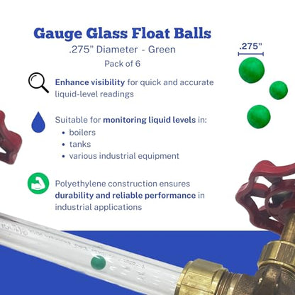 .275" Diameter Green Float Balls | Green Gauge Glass Float Balls for 1/2" Glass | 6 Pack | Boiler Liquid Level Sight Gauge Balls