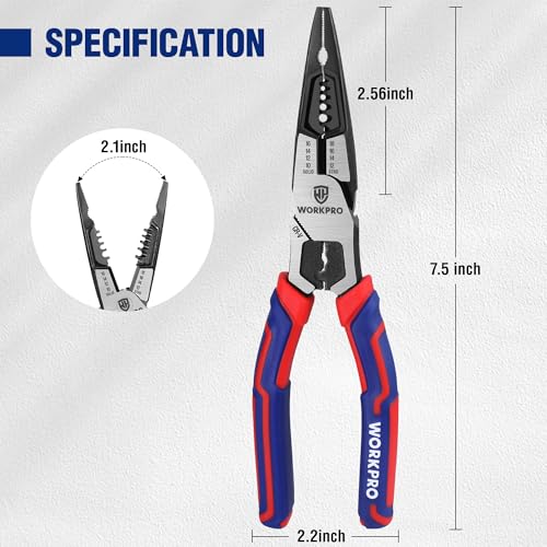 WORKPRO 6-in-1 Needle Nose Pliers, 8 Inch Multipurpose Long Nose Pliers with Wire Stripper/Crimper/Cutter Function, Premium Heavy-Duty CRV Steel Hand Tool Plier for Home, Crafts