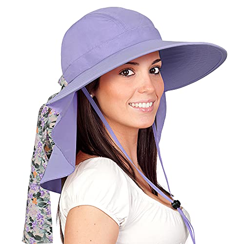 Solaris UPF 50+ Wide Brim Sun Hat for Women - Small Size Packable Lightweight, Floral Scarf Cooling Hat with Neck Flap - color: Purple