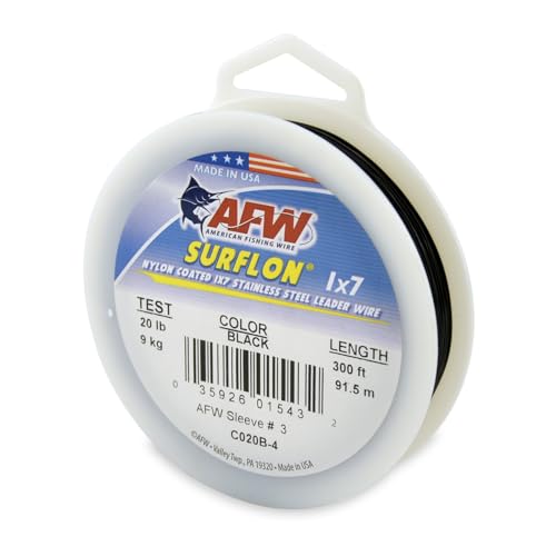 American Fishing Wire Surflon Nylon Coated 1x7 Stainless Steel Wire Leader - Wire Fishing Leader Line for Saltwater 10lb Up To 250lb Test in Bright, Black, Camo in 30ft, 100ft, 300ft, & 1000ft Lengths - color: Black, style: 300 Feet, 20 Pound Test