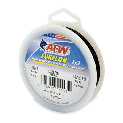 American Fishing Wire Surflon Nylon Coated 1x7 Stainless Steel Wire Leader - Wire Fishing Leader Line for Saltwater 10lb Up To 250lb Test in Bright, Black, Camo in 30ft, 100ft, 300ft, & 1000ft Lengths - color: Black, style: 300 Feet, 20 Pound Test
