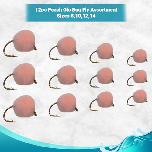 Trout Flies for Fly Fishing | Bead Head Trout & Salmon Eggs, 12pc Fly Fishing Lures in Size 12 | Streamer Flies and Steelhead Flies | Sizes 8,10,12,14 - color: Peach
