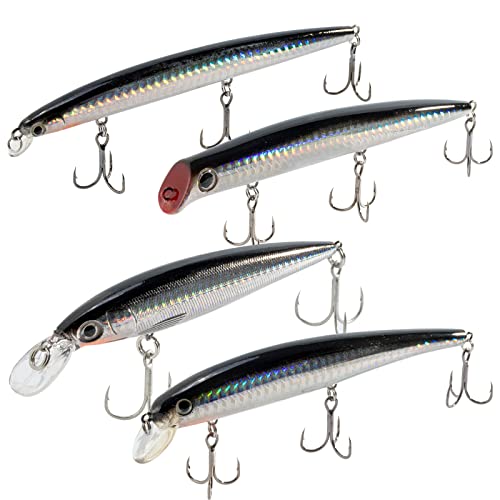 Dr.Fish Saltwater Fishing Lures Kit 5" Surf Fishing Sriper Saltwater Minnow Lures Mustad Hooks Jerkbait Popper Plugs Inshore Offshore Mackerel Tarpon Barracuda - color: Black,Silver (pack of 4)