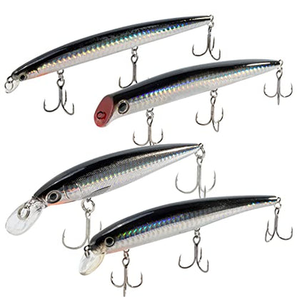 Dr.Fish Saltwater Fishing Lures Kit 5" Surf Fishing Sriper Saltwater Minnow Lures Mustad Hooks Jerkbait Popper Plugs Inshore Offshore Mackerel Tarpon Barracuda - color: Black,Silver (pack of 4)