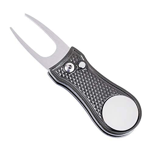 Mile High Life Microfiber Waffle Pattern Golf Towel | Club Groove Cleaner Brush | Foldable Divot Tool with Magnetic Ball Marker (Dark Gray Towel/Brush/Bone Divot) - color: Dark Gray Towel/Brush/Bone Divot