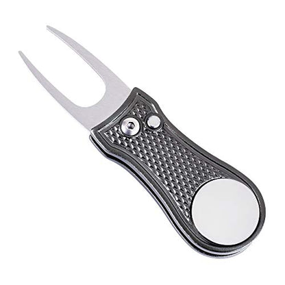 Mile High Life Microfiber Waffle Pattern Golf Towel | Club Groove Cleaner Brush | Foldable Divot Tool with Magnetic Ball Marker (Dark Gray Towel/Brush/Bone Divot) - color: Dark Gray Towel/Brush/Bone Divot