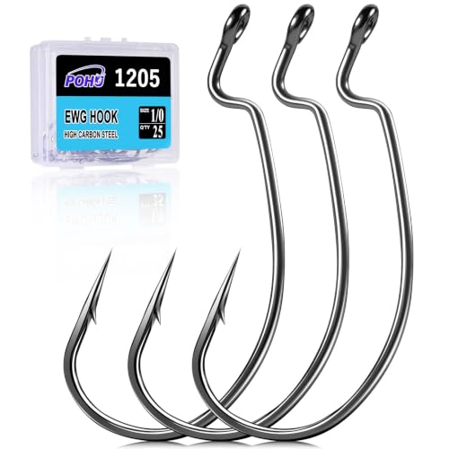 Ewg Hooks for Bass Fishing Hooks,Alloy High Carbon Steel Worm Hooks,Extra Wide Gap Offset Fish Hooks Texas Rig Fish Hooks for Bass Trout Freshwater Saltwater #6#4#2 1/0 2/0 4/0 5/0 - size: #1/0_25pcs