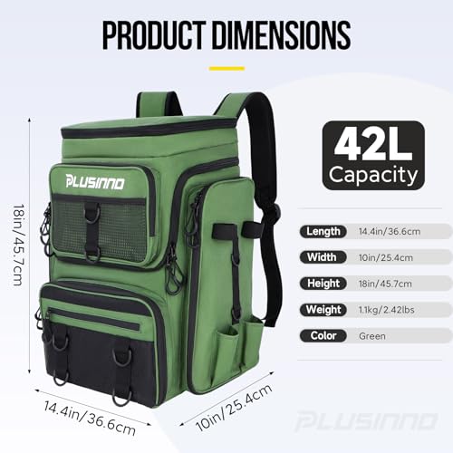 PLUSINNO Fishing Backpack with Rod Holders 4 Tackle Boxes, 42L Large Water-Resistant Fish Tackle Bag Store Fishing Gear, Camping, Hiking Gifts for Men Father, Green - color: Green