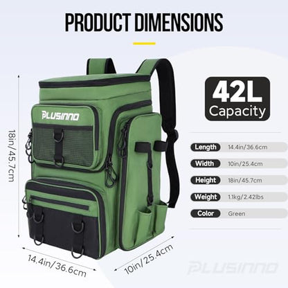 PLUSINNO Fishing Backpack with Rod Holders 4 Tackle Boxes, 42L Large Water-Resistant Fish Tackle Bag Store Fishing Gear, Camping, Hiking Gifts for Men Father, Green - color: Green