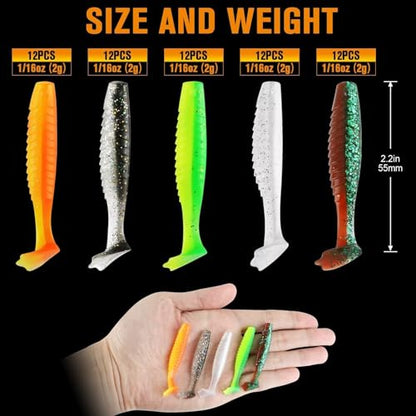 Dovesun Crappie Lures Kit Soft Plastic Baits Paddle Tail Swimbaits Fishing Soft Plastic Lures Crappie Walleye Trout Bass Fishing Baits 60pcs/75pcs - color: Duck Feet-2in-60pcs