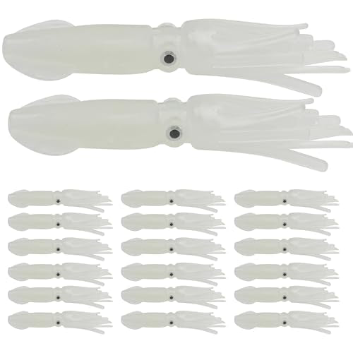 20pcs Luminous Octopus Trolling, Squid Lures Fishing Saltwater, Glow in Dark, Soft Colorful Bait Squid Skirts Fishing Lures Set for Saltwater Freshwater, 3.74 Inch x 1.10 Inch, Green When Glowing