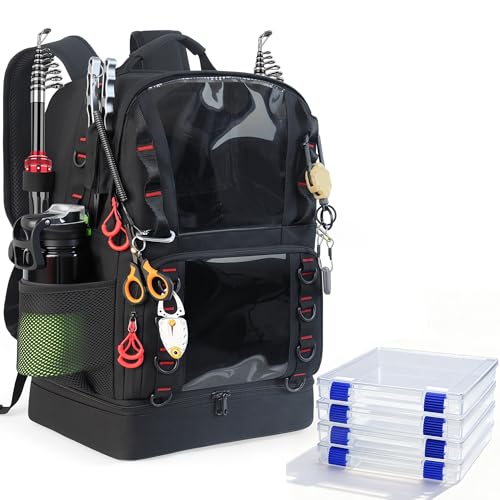 Fishing Tackle Backpack with 4 Tackle Boxes,45L Large Tackle Bag with 2 Rod Holders & Clear Window,Outdoor Fishing Backpack for Fishing,Camping,Hiking,Black - color: Black(with 4 Tackle Boxes)