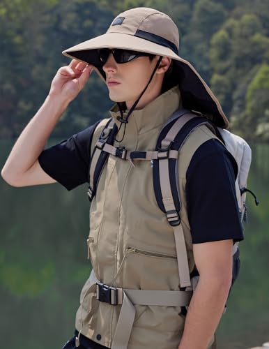 HUAMULAN Men Summer Sun Hat Women Safari Wide Brim Fishing Hats UV Protection Neck Flap Bucket Gardening Hiking Hunting Cap - color: Khaki With Black Mesh