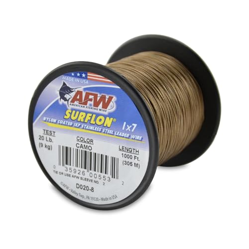 American Fishing Wire Surflon Nylon Coated 1x7 Stainless Steel Wire Leader - Wire Fishing Leader Line for Saltwater 10lb Up To 250lb Test in Bright, Black, Camo in 30ft, 100ft, 300ft, & 1000ft Lengths - color: Camo, style: 1000 Feet, 20 Pound Test