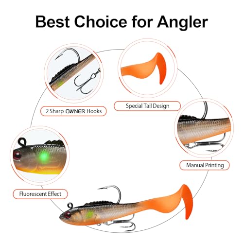 TRUSCEND Shadtale Easy Catch Soft Fishing Lures with BKK Hooks - Trembly Sinking and Vibrating Swim for More Bites, Pre-Rigged Swimbaits for Bass, Trout, Crappie, Walleye, Freshwater Saltwater Fishing - color: B-2.5",0.18oz